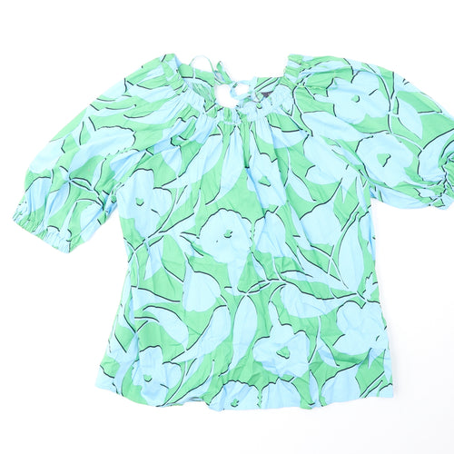 Marks and Spencer Womens Green Geometric Cotton Basic Blouse Size 6 Round Neck