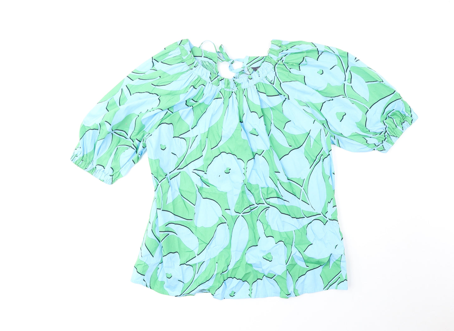 Marks and Spencer Womens Green Geometric Cotton Basic Blouse Size 6 Round Neck