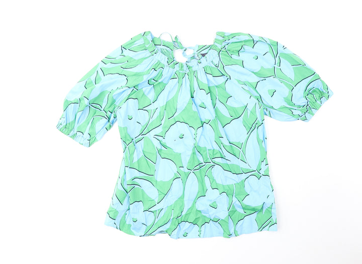 Marks and Spencer Womens Green Geometric Cotton Basic Blouse Size 6 Round Neck