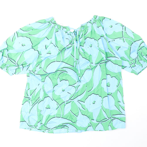 Marks and Spencer Womens Green Geometric Cotton Basic Blouse Size 6 Round Neck
