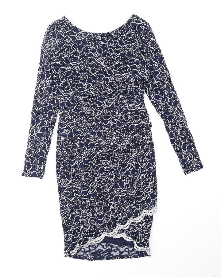 Lipsy Womens Blue Floral Nylon Bodycon Size 10 Boat Neck Pullover
