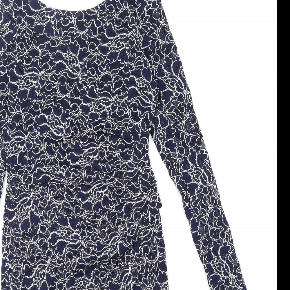 Lipsy Womens Blue Floral Nylon Bodycon Size 10 Boat Neck Pullover