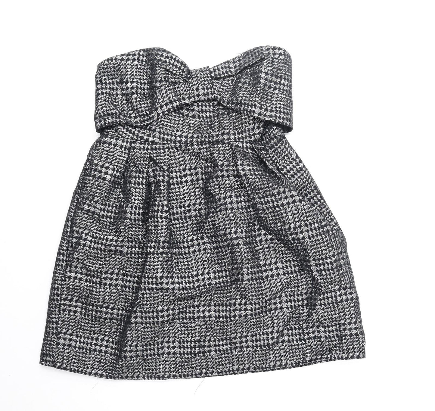Preworn Womens Black Plaid Cotton Mini Size 10 Off the Shoulder Zip