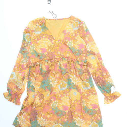 JDY Womens Orange Floral Polyester Skater Dress Size XS V-Neck Pullover