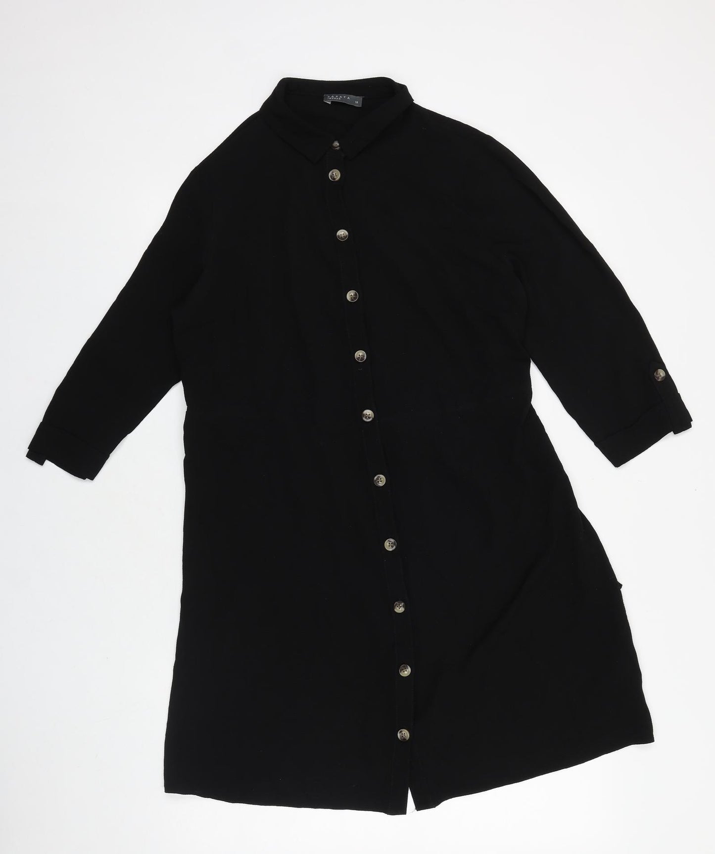 Papaya Womens Black Polyester Shirt Dress Size 12 Collared Button