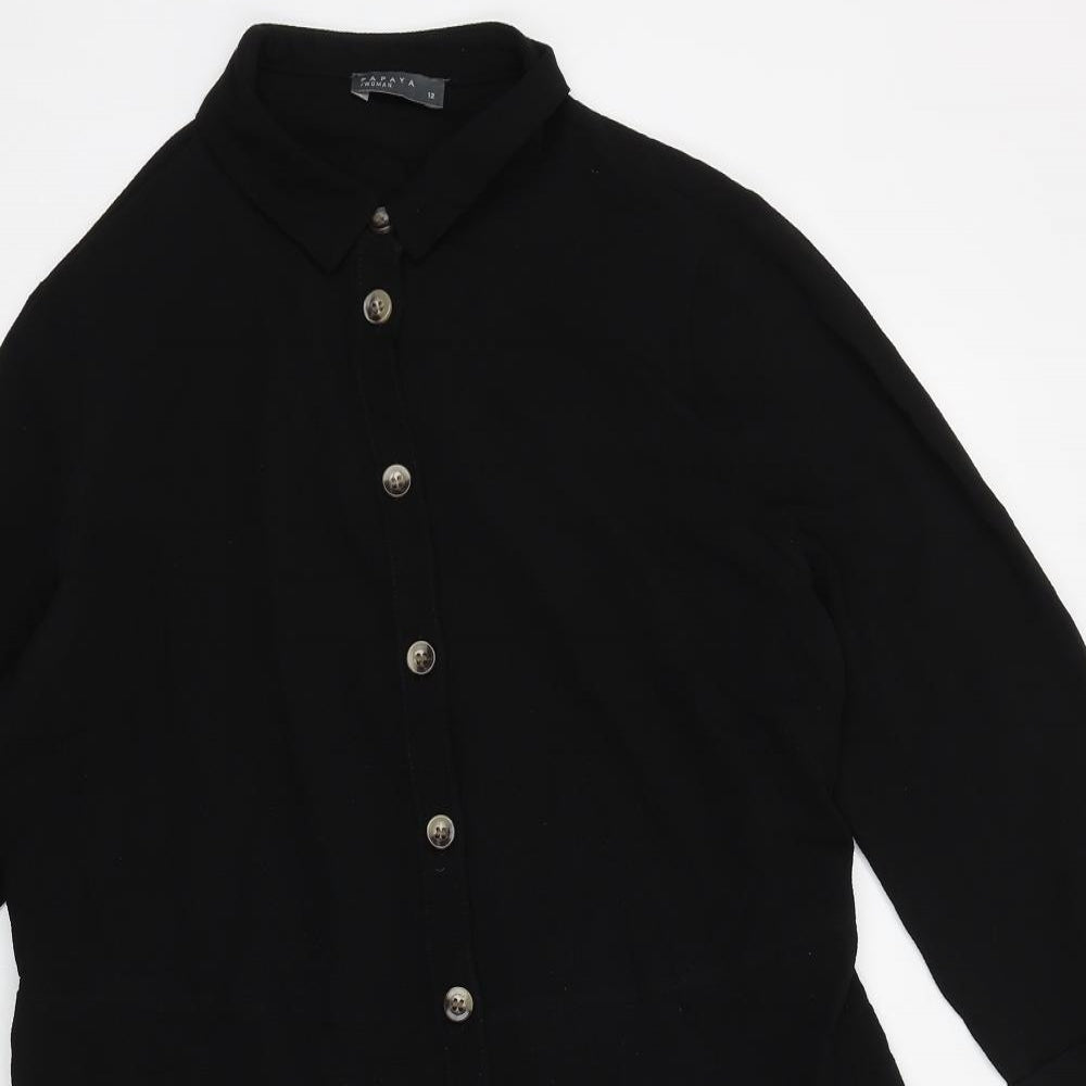 Papaya Womens Black Polyester Shirt Dress Size 12 Collared Button