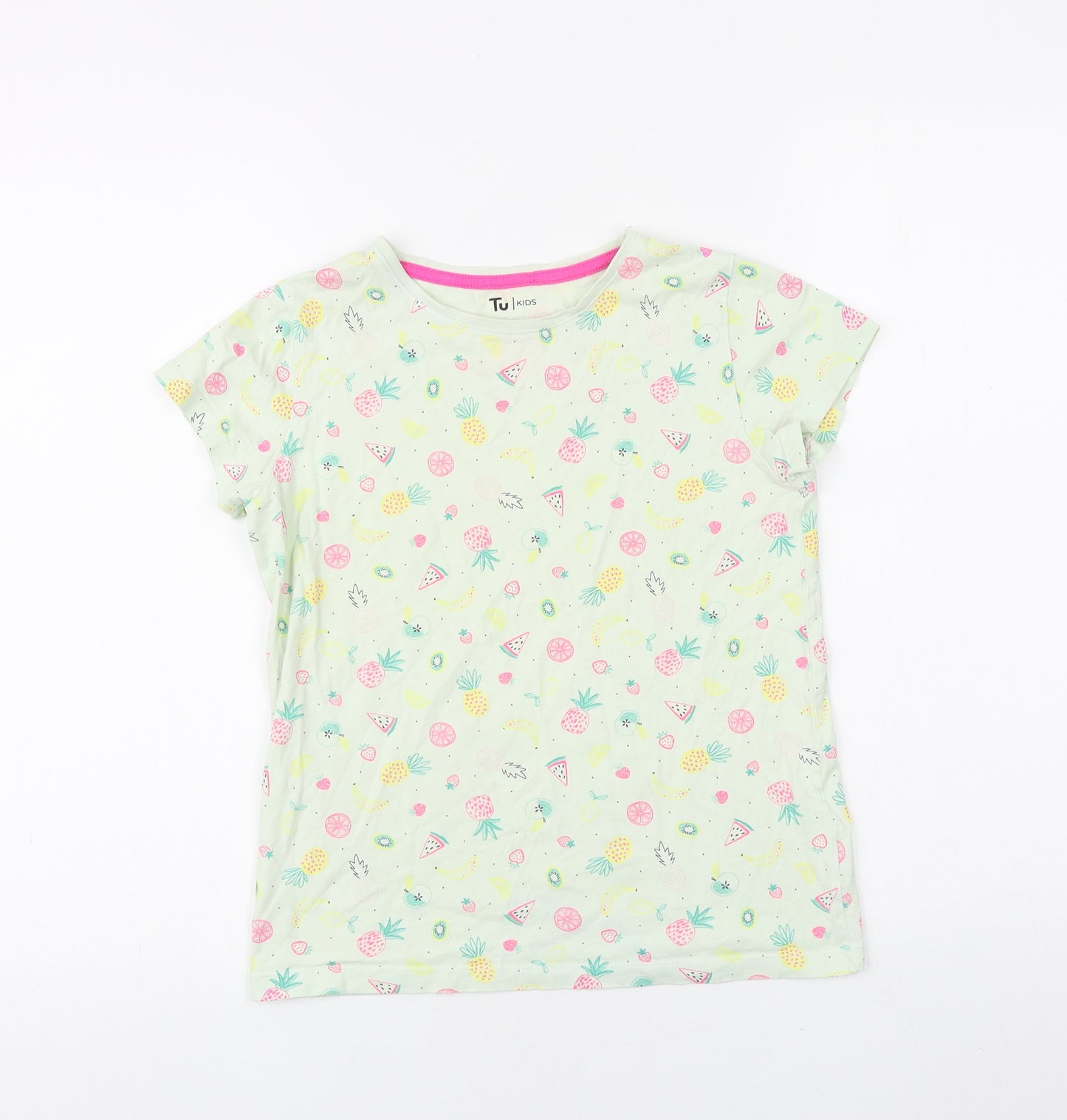 TU Girls Green Geometric 100% Cotton Basic T-Shirt Size 11-12 Years Round Neck Pullover