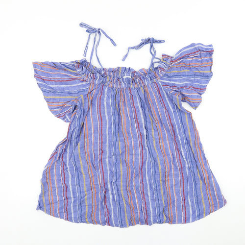 River Island Womens Blue Striped 100% Cotton Basic Blouse Size M Boat Neck