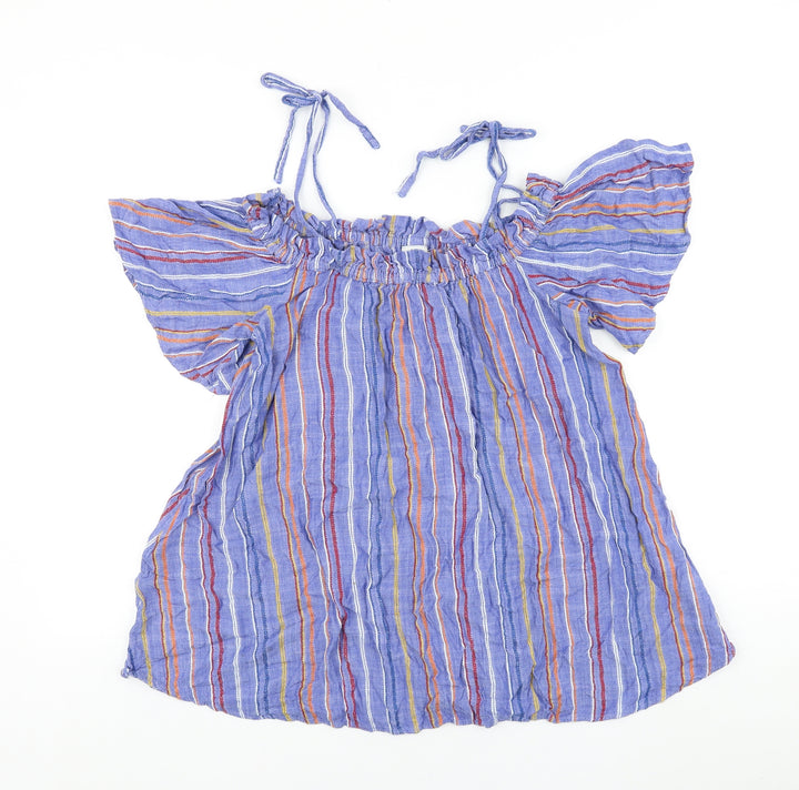 River Island Womens Blue Striped 100% Cotton Basic Blouse Size M Boat Neck