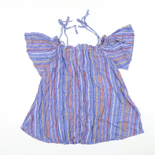River Island Womens Blue Striped 100% Cotton Basic Blouse Size M Boat Neck