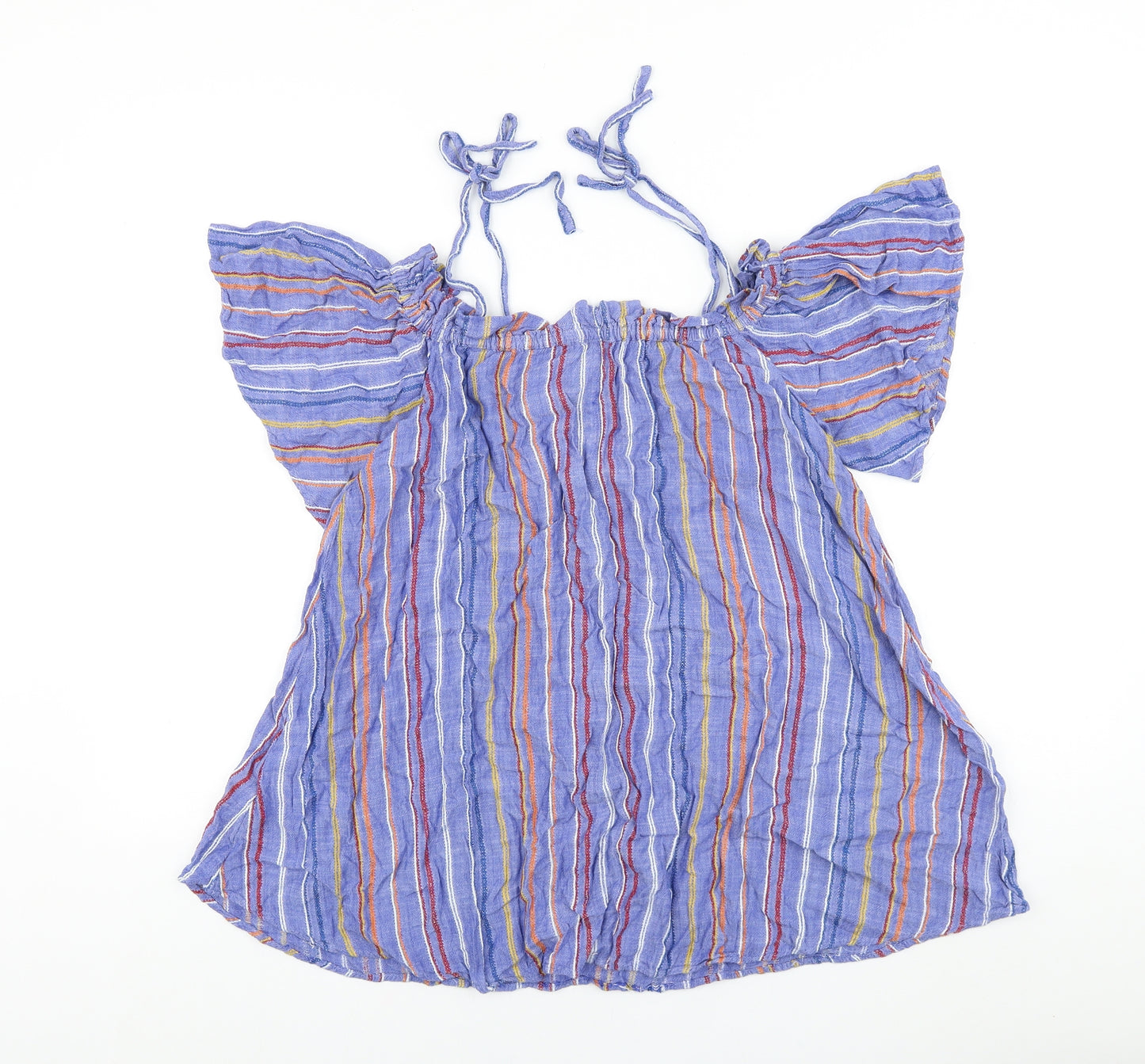 River Island Womens Blue Striped 100% Cotton Basic Blouse Size M Boat Neck