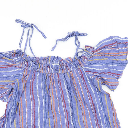 River Island Womens Blue Striped 100% Cotton Basic Blouse Size M Boat Neck