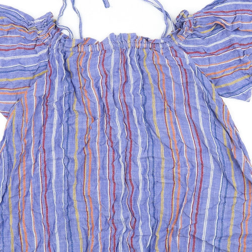 River Island Womens Blue Striped 100% Cotton Basic Blouse Size M Boat Neck