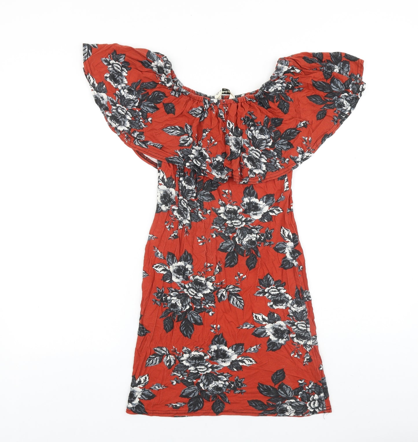 Miss Selfridge Womens Red Floral Cotton Mini Size 8 Off the Shoulder Pullover