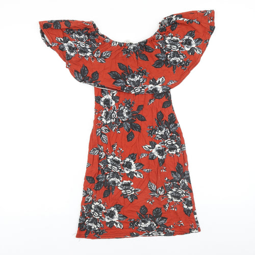 Miss Selfridge Womens Red Floral Cotton Mini Size 8 Off the Shoulder Pullover