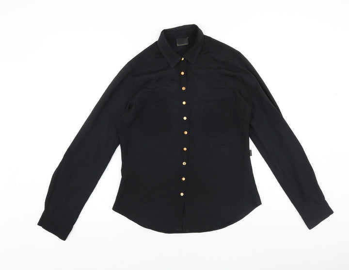 Marks and Spencer Womens Black Colourblock Polyester Basic Button-Up Size 8 Collared