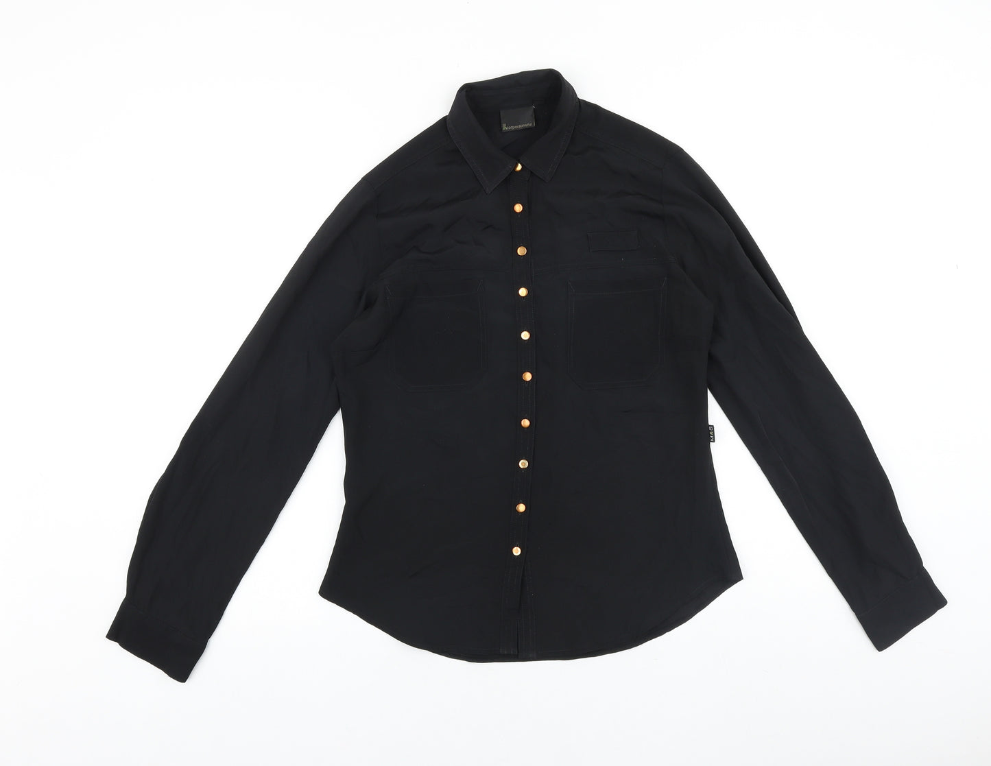 Marks and Spencer Womens Black Colourblock Polyester Basic Button-Up Size 8 Collared