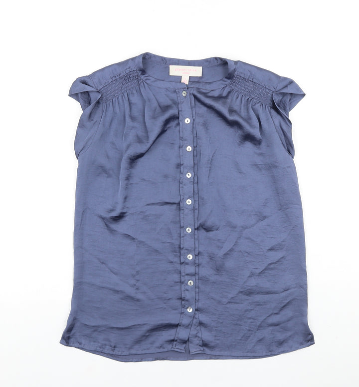 Gharani Strok Womens Blue Polyester Basic Button-Up Size S Round Neck