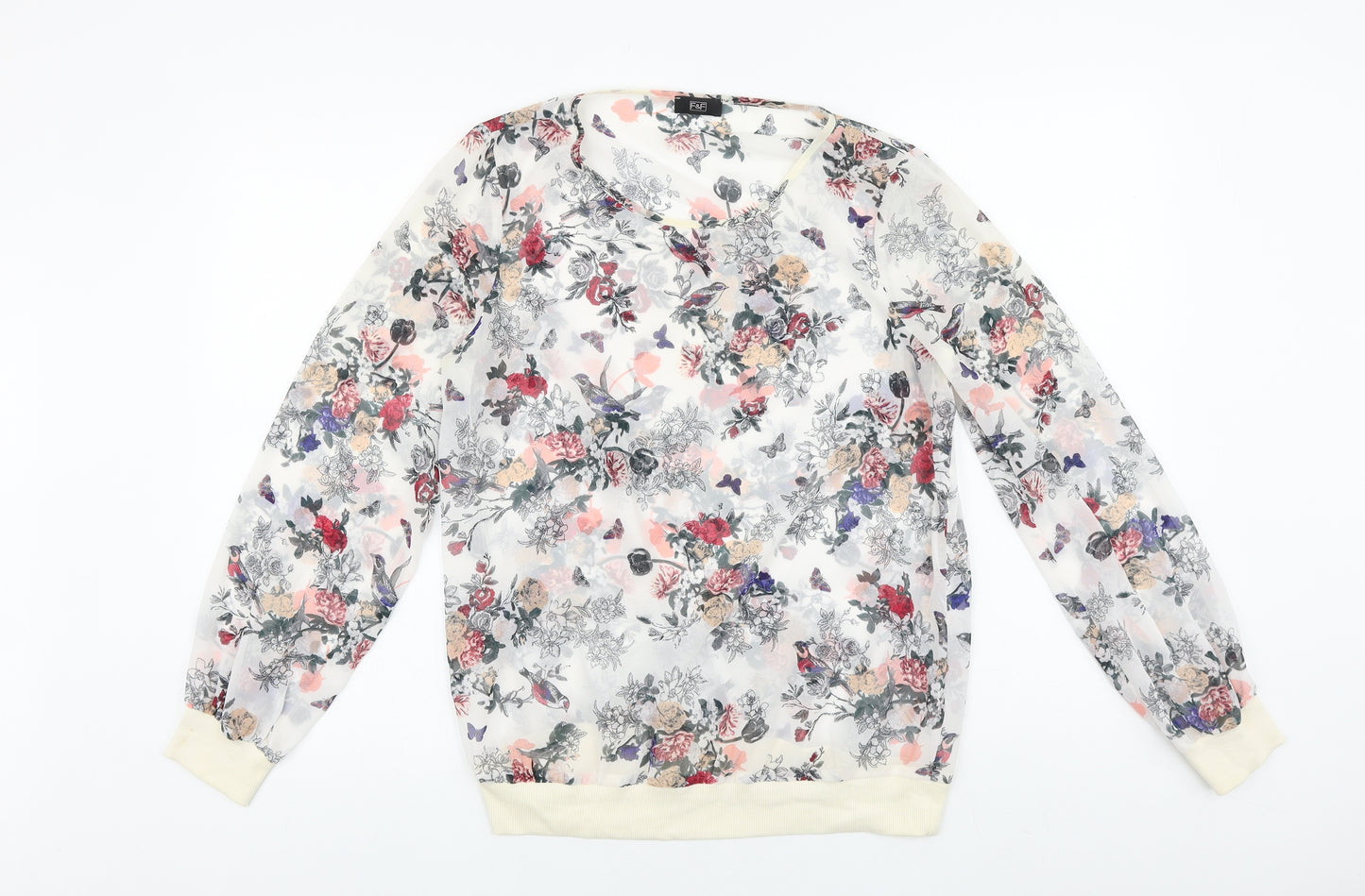 F&F Womens White Floral Polyester Basic Blouse Size 14 Round Neck