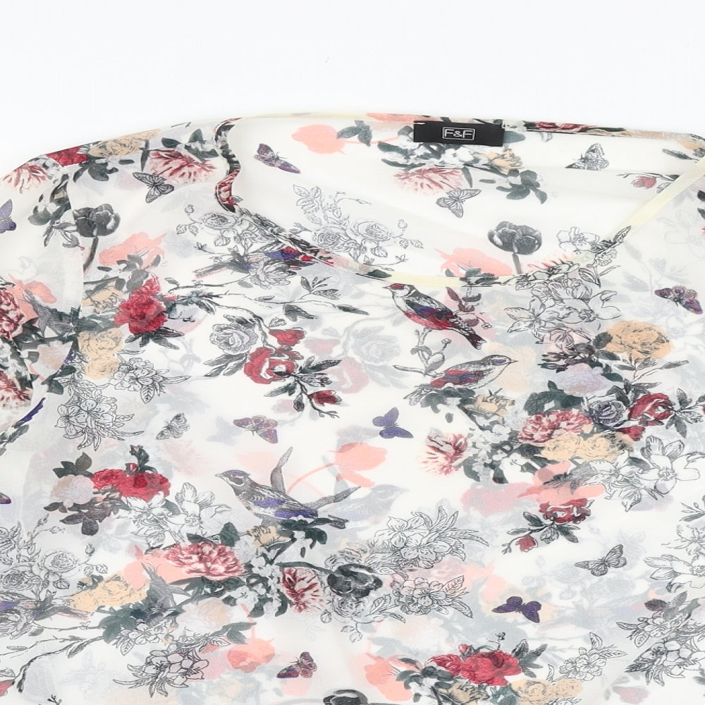 F&F Womens White Floral Polyester Basic Blouse Size 14 Round Neck