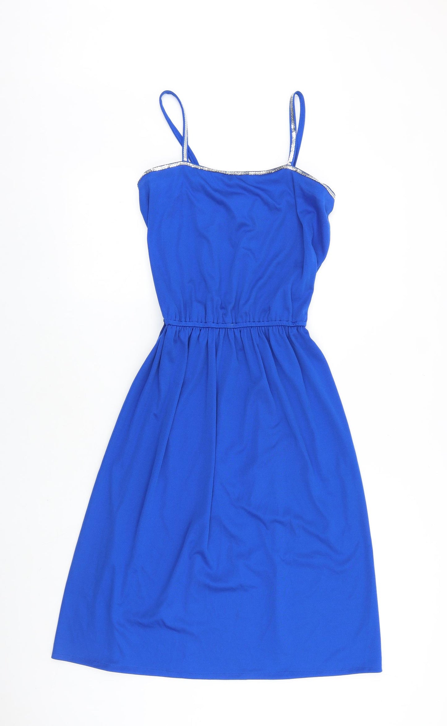 Preworn Womens Blue Viscose Slip Dress Size 12 Square Neck Pullover - Elastic Waist
