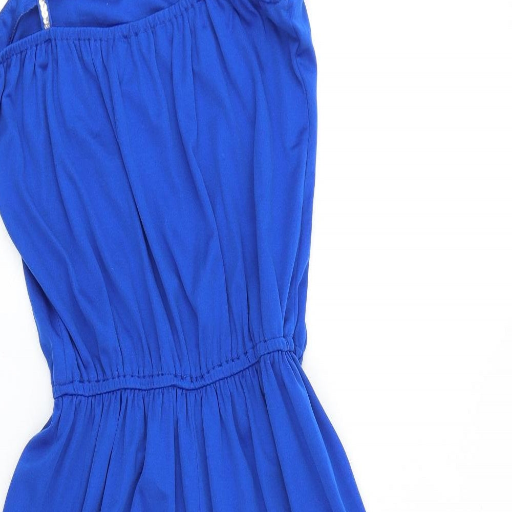 Preworn Womens Blue Viscose Slip Dress Size 12 Square Neck Pullover - Elastic Waist