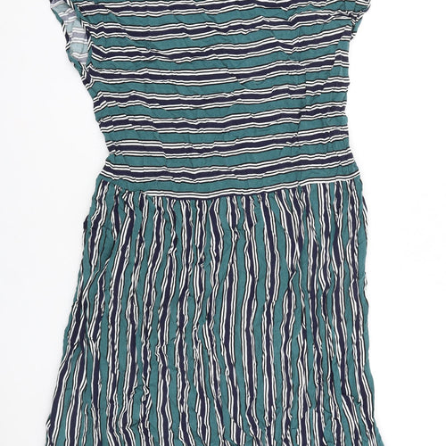Indigo Blue Womens Green Striped 100% Cotton T-Shirt Dress Size S Boat Neck Pullover