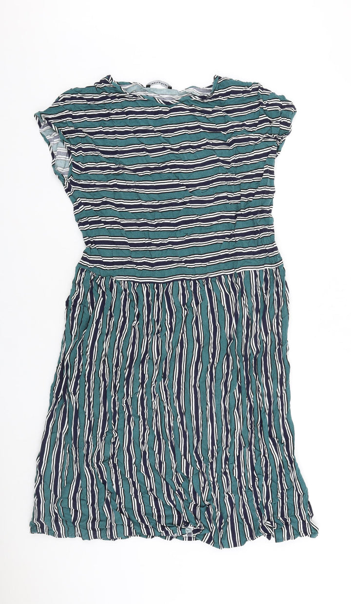 Indigo Blue Womens Green Striped 100% Cotton T-Shirt Dress Size S Boat Neck Pullover