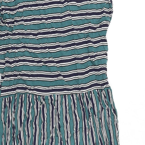 Indigo Blue Womens Green Striped 100% Cotton T-Shirt Dress Size S Boat Neck Pullover