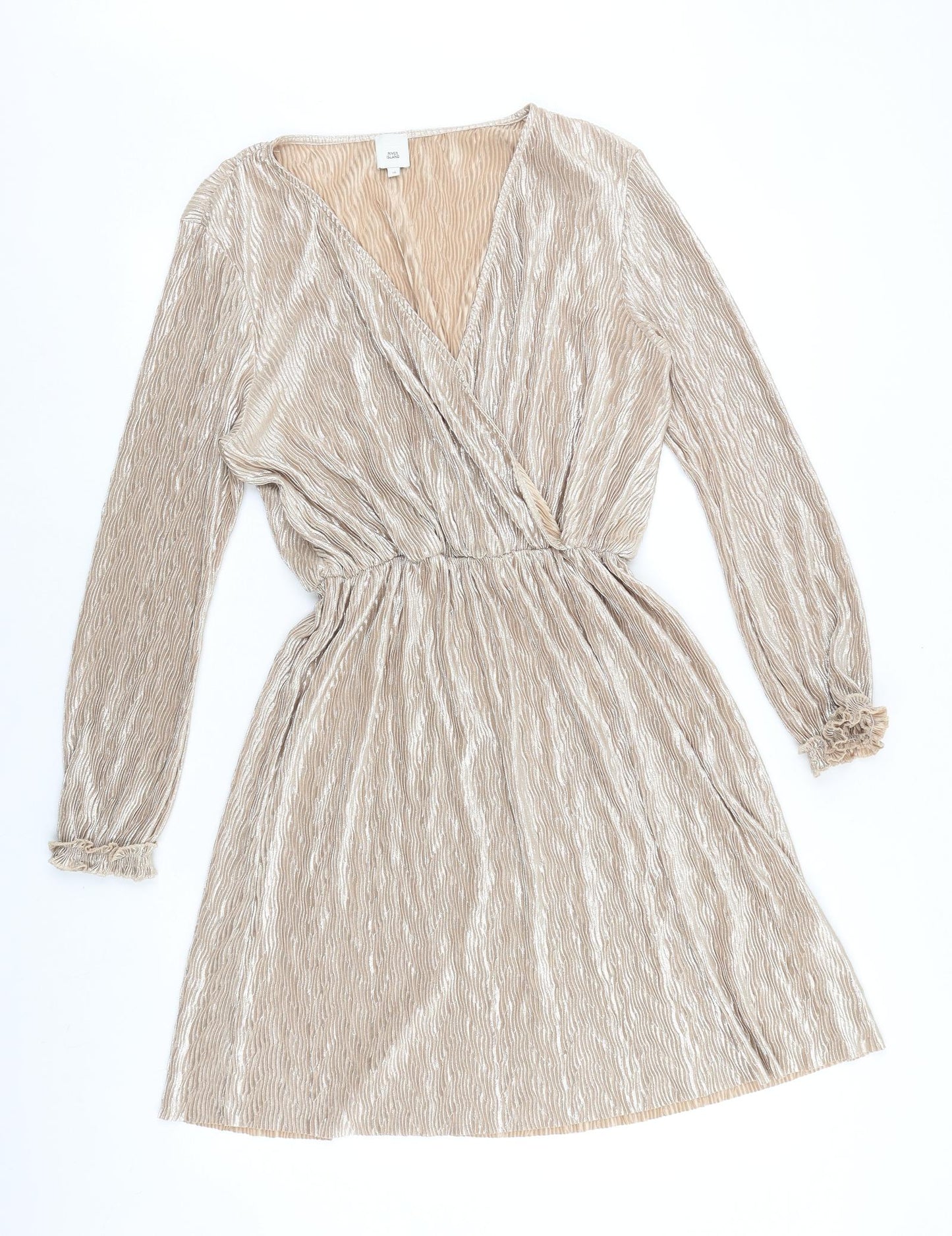 River Island Womens Gold Polyester Fit & Flare Size 16 V-Neck Pullover - Textured