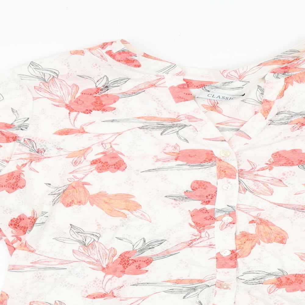 Marks and Spencer Womens White Floral Viscose Basic Button-Up Size 14 V-Neck