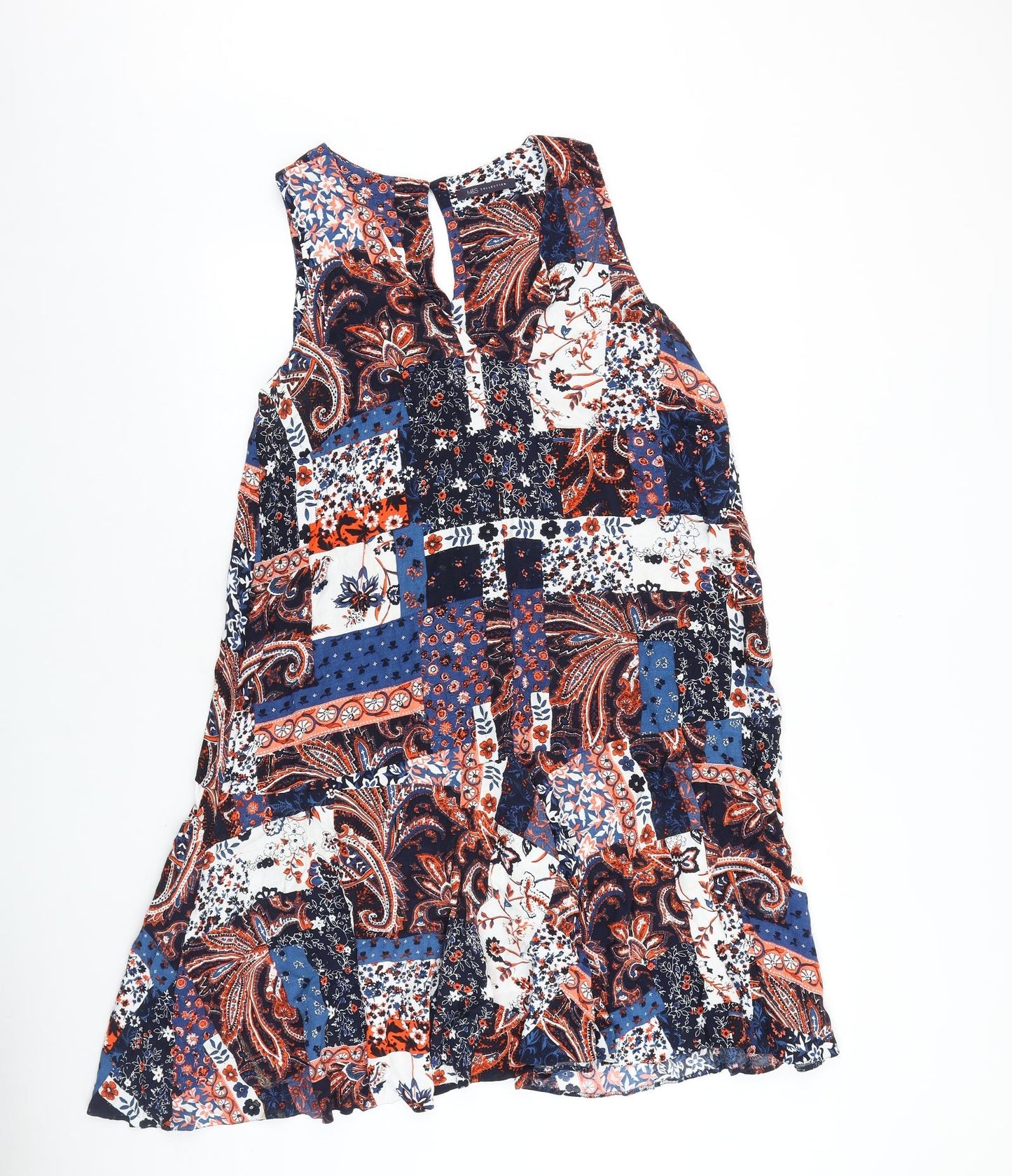 Marks and Spencer Womens Blue Geometric Polyester A-Line Size 16 V-Neck Button