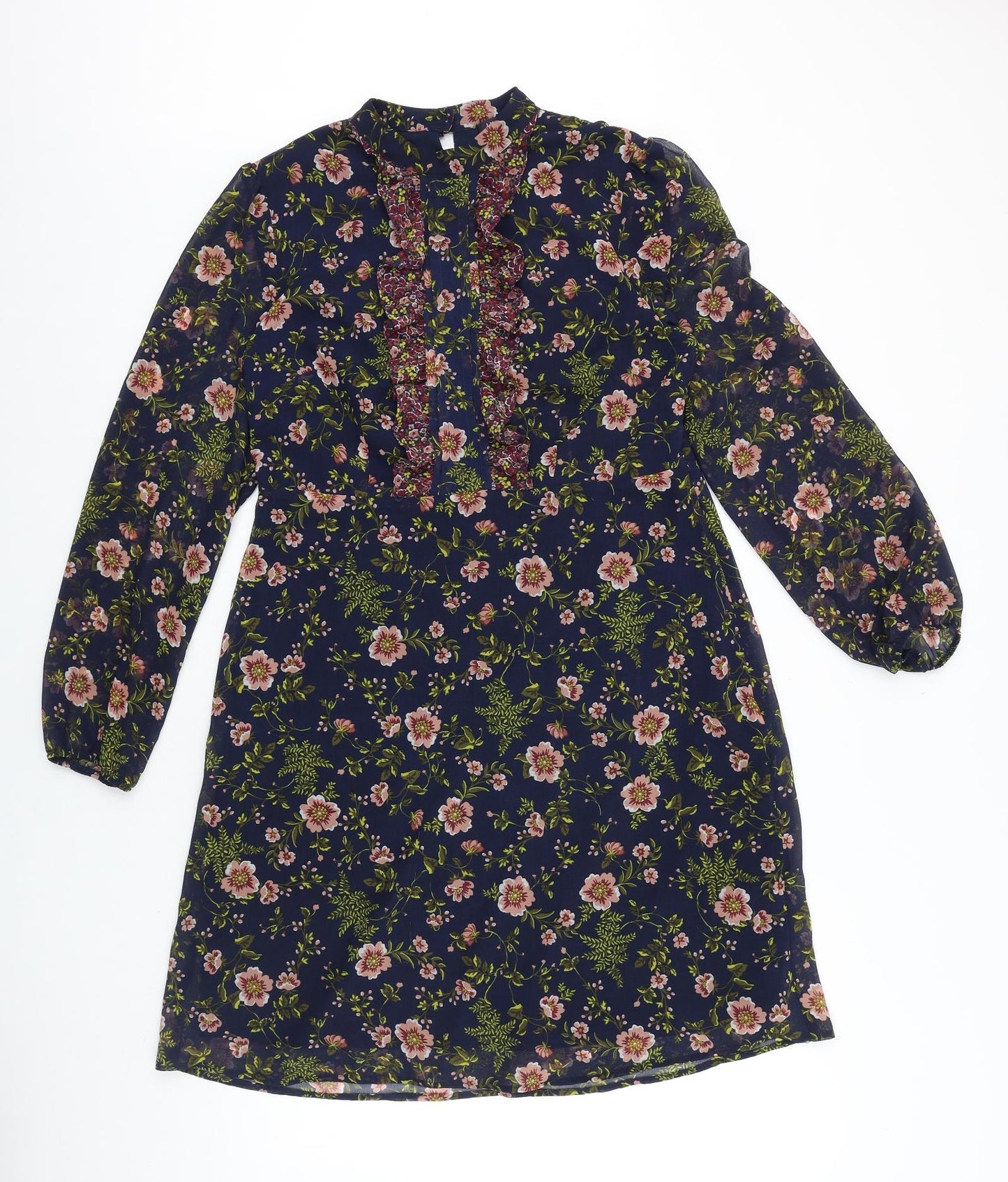 Marks and Spencer Womens Blue Floral Polyester A-Line Size 14 Mock Neck Zip