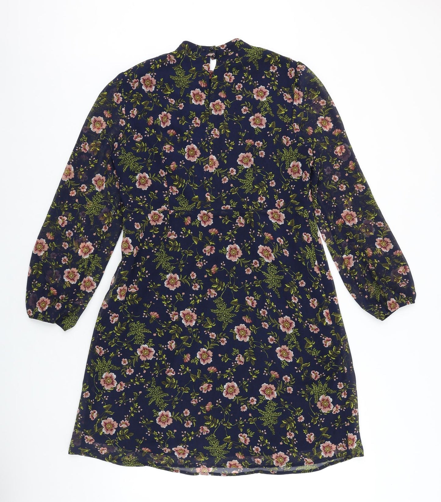Marks and Spencer Womens Blue Floral Polyester A-Line Size 14 Mock Neck Zip