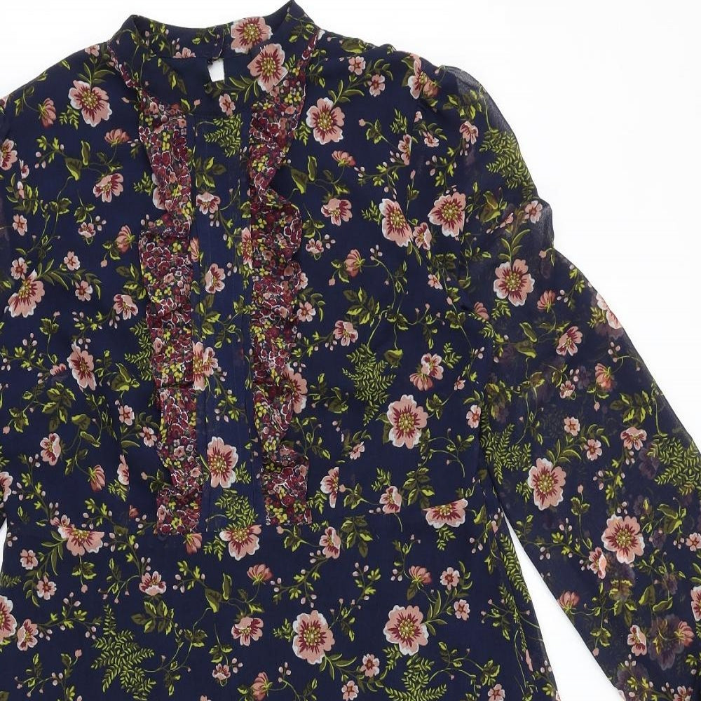 Marks and Spencer Womens Blue Floral Polyester A-Line Size 14 Mock Neck Zip