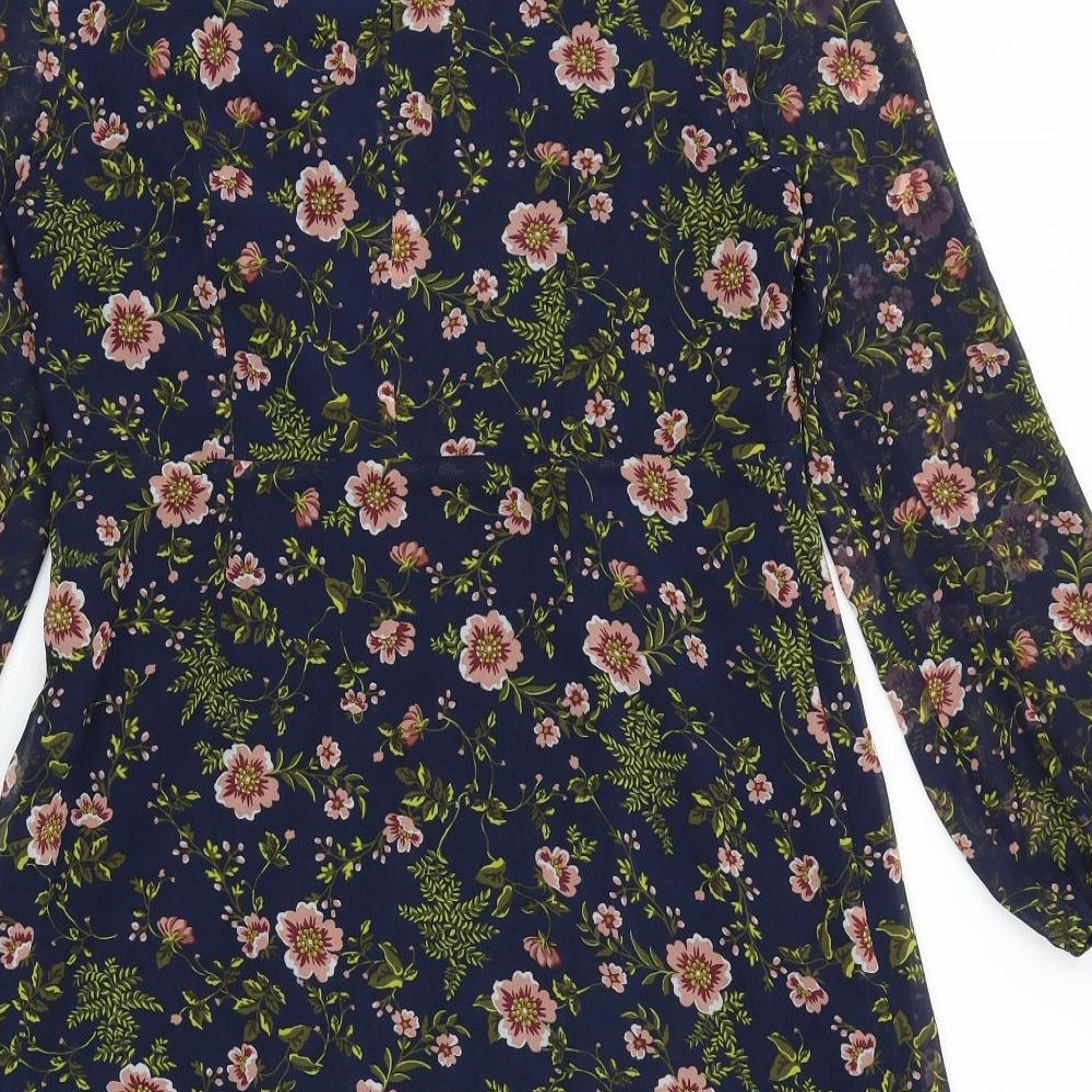 Marks and Spencer Womens Blue Floral Polyester A-Line Size 14 Mock Neck Zip