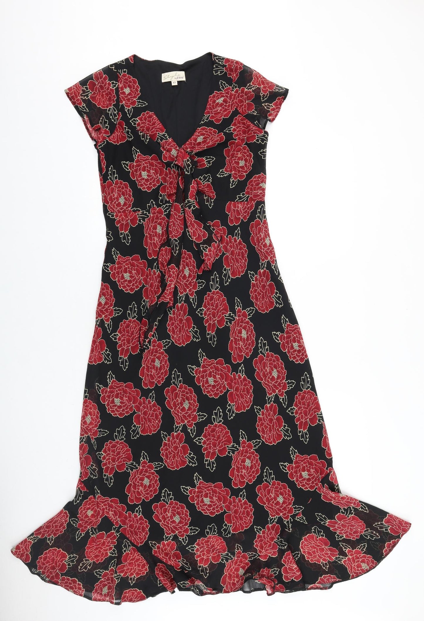 EWM Womens Black Floral Polyester A-Line Size 12 V-Neck Zip