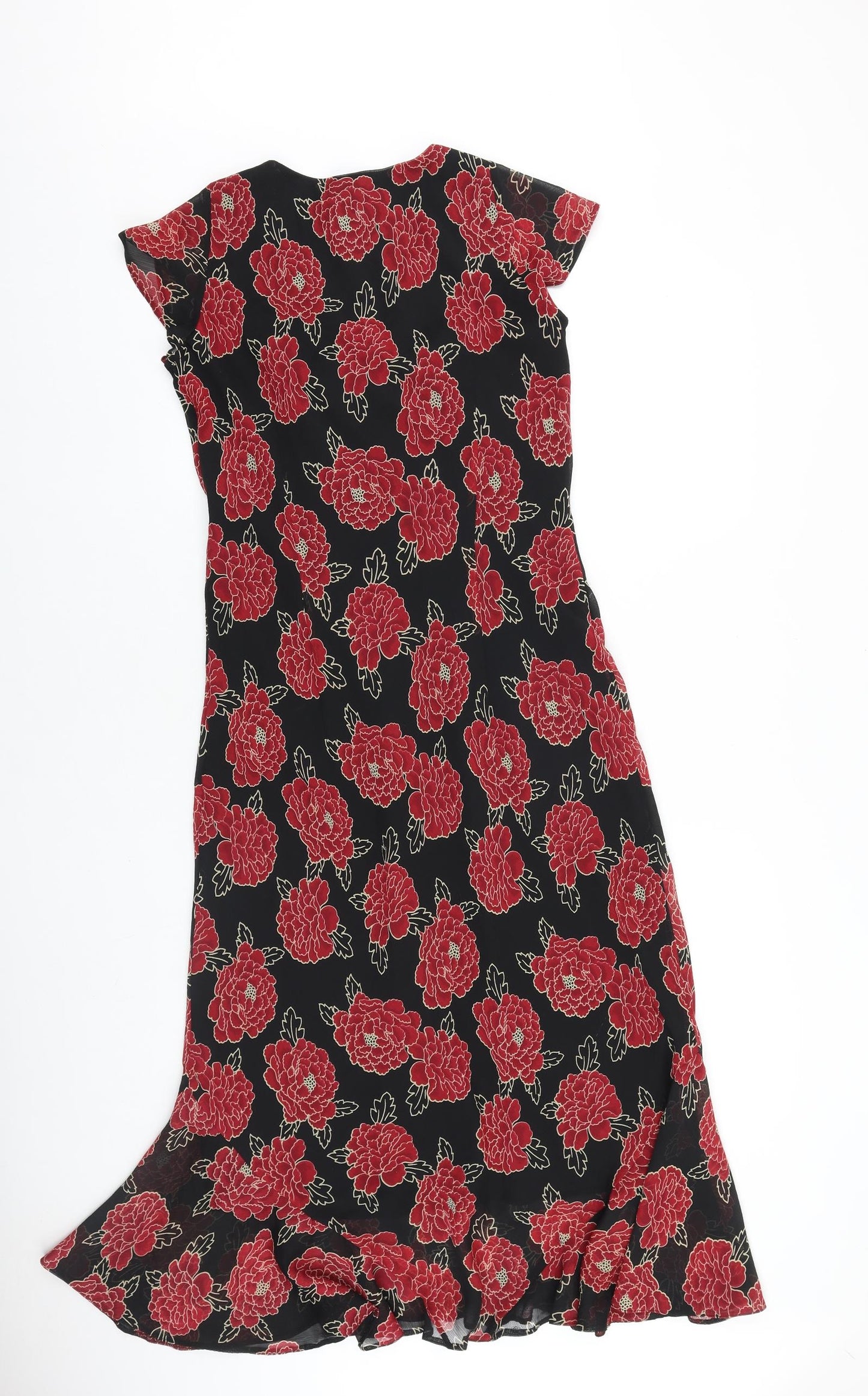 EWM Womens Black Floral Polyester A-Line Size 12 V-Neck Zip