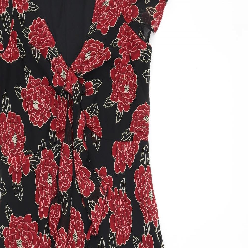 EWM Womens Black Floral Polyester A-Line Size 12 V-Neck Zip