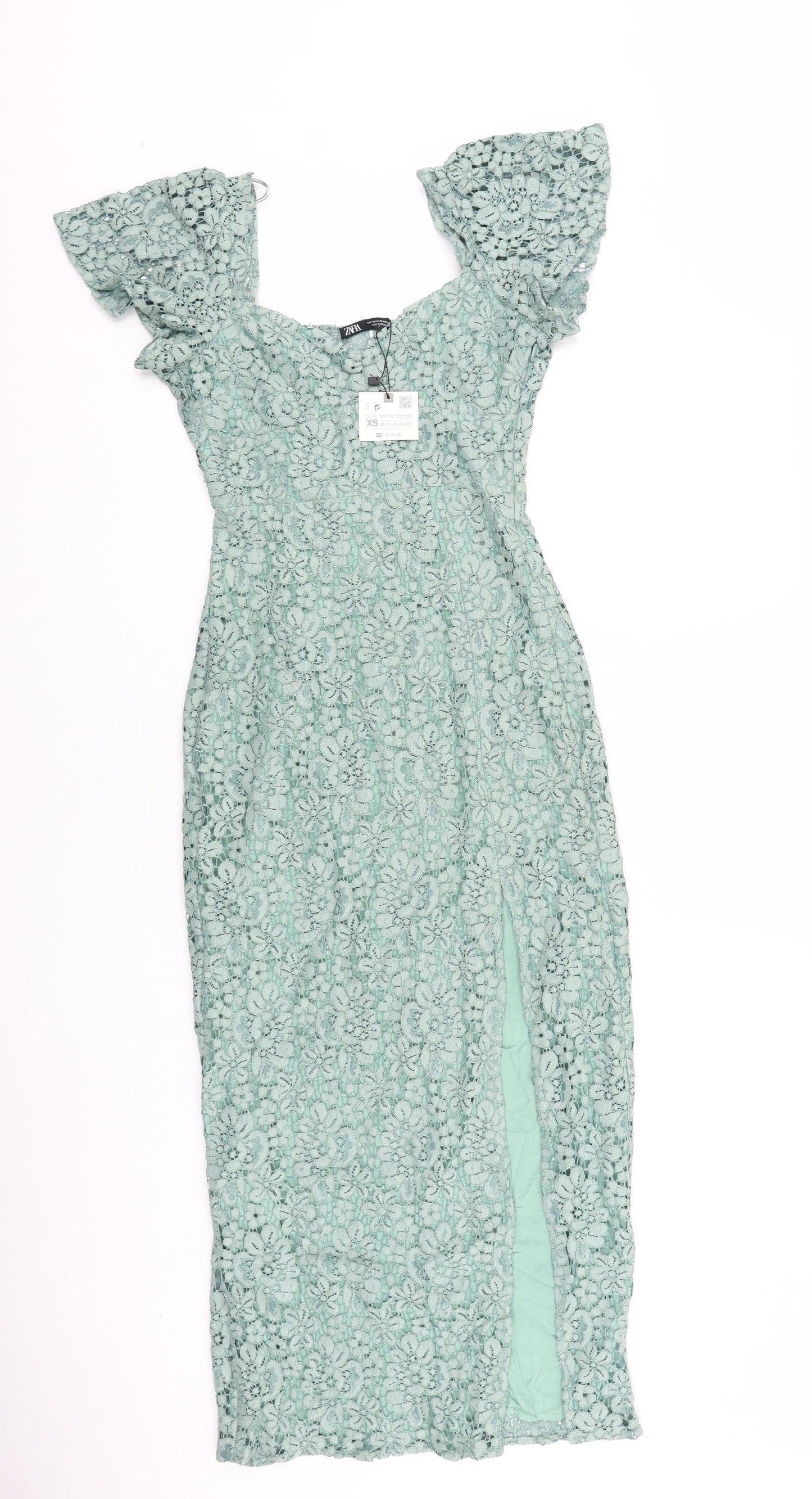 Zara Womens Green Geometric 100% Cotton Pencil Dress Size XS Square Neck Zip
