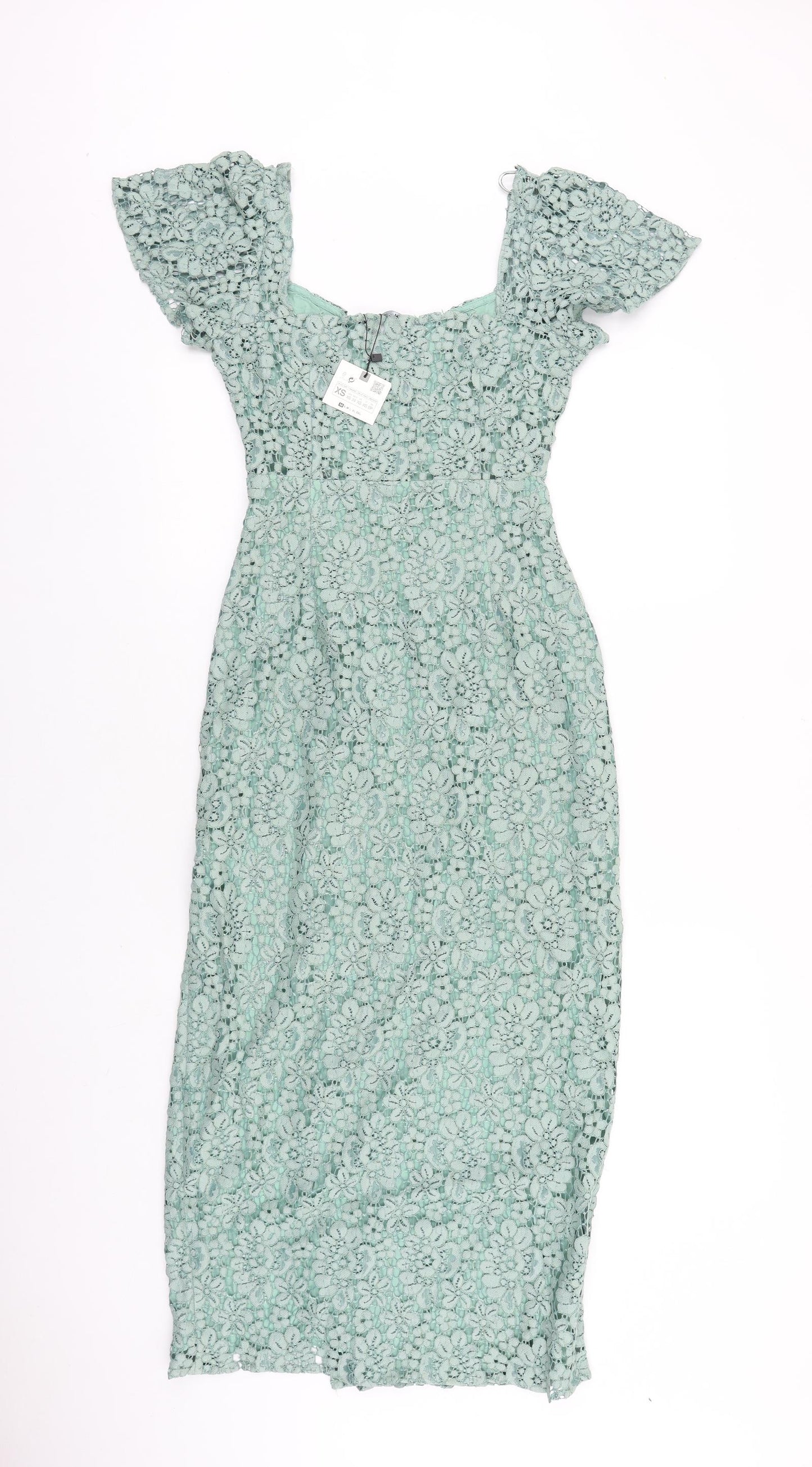 Zara Womens Green Geometric 100% Cotton Pencil Dress Size XS Square Neck Zip