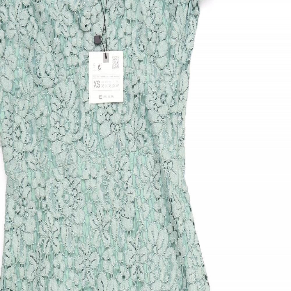 Zara Womens Green Geometric 100% Cotton Pencil Dress Size XS Square Neck Zip