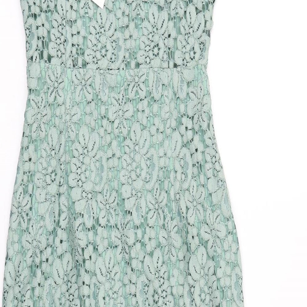Zara Womens Green Geometric 100% Cotton Pencil Dress Size XS Square Neck Zip
