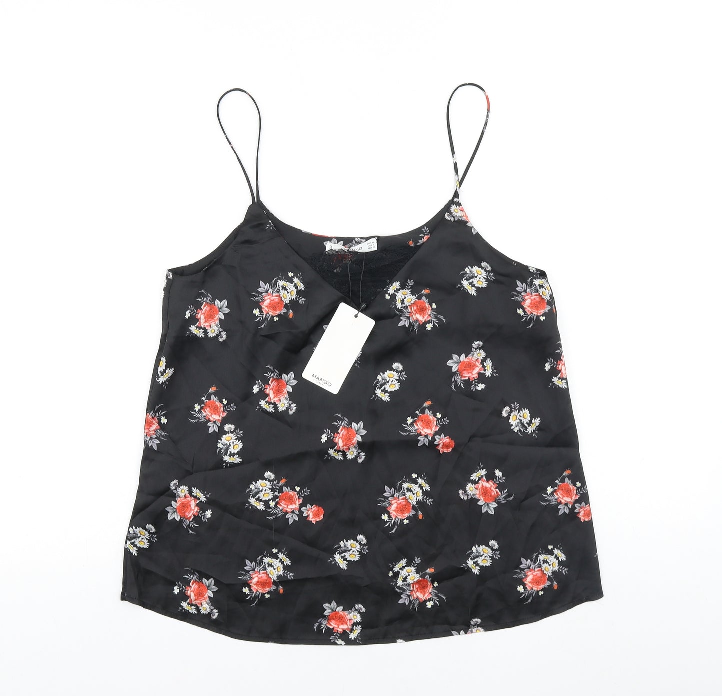 Mango Womens Black Floral Polyester Camisole Tank Size S V-Neck - Lace Insert