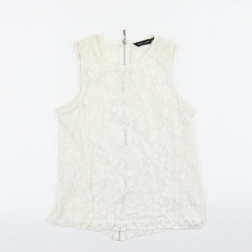 New Look Womens White Floral Polyamide Basic Tank Size 10 Round Neck