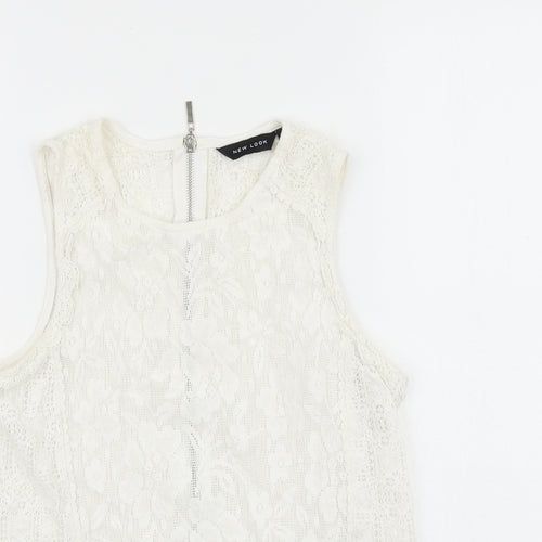 New Look Womens White Floral Polyamide Basic Tank Size 10 Round Neck