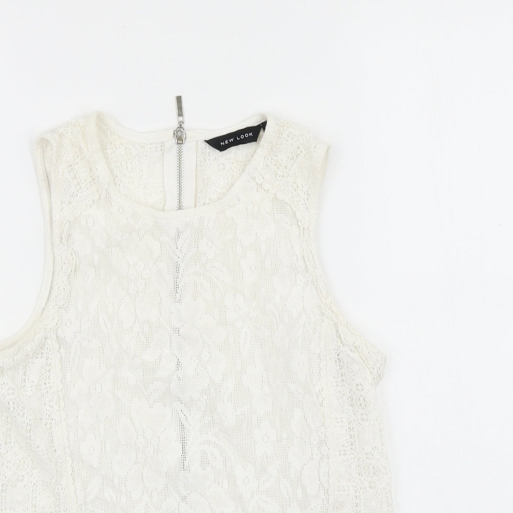 New Look Womens White Floral Polyamide Basic Tank Size 10 Round Neck