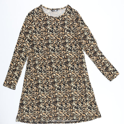 PEP&CO Womens Blue Animal Print 100% Cotton A-Line Size 8 Round Neck Pullover - Jaguar Print