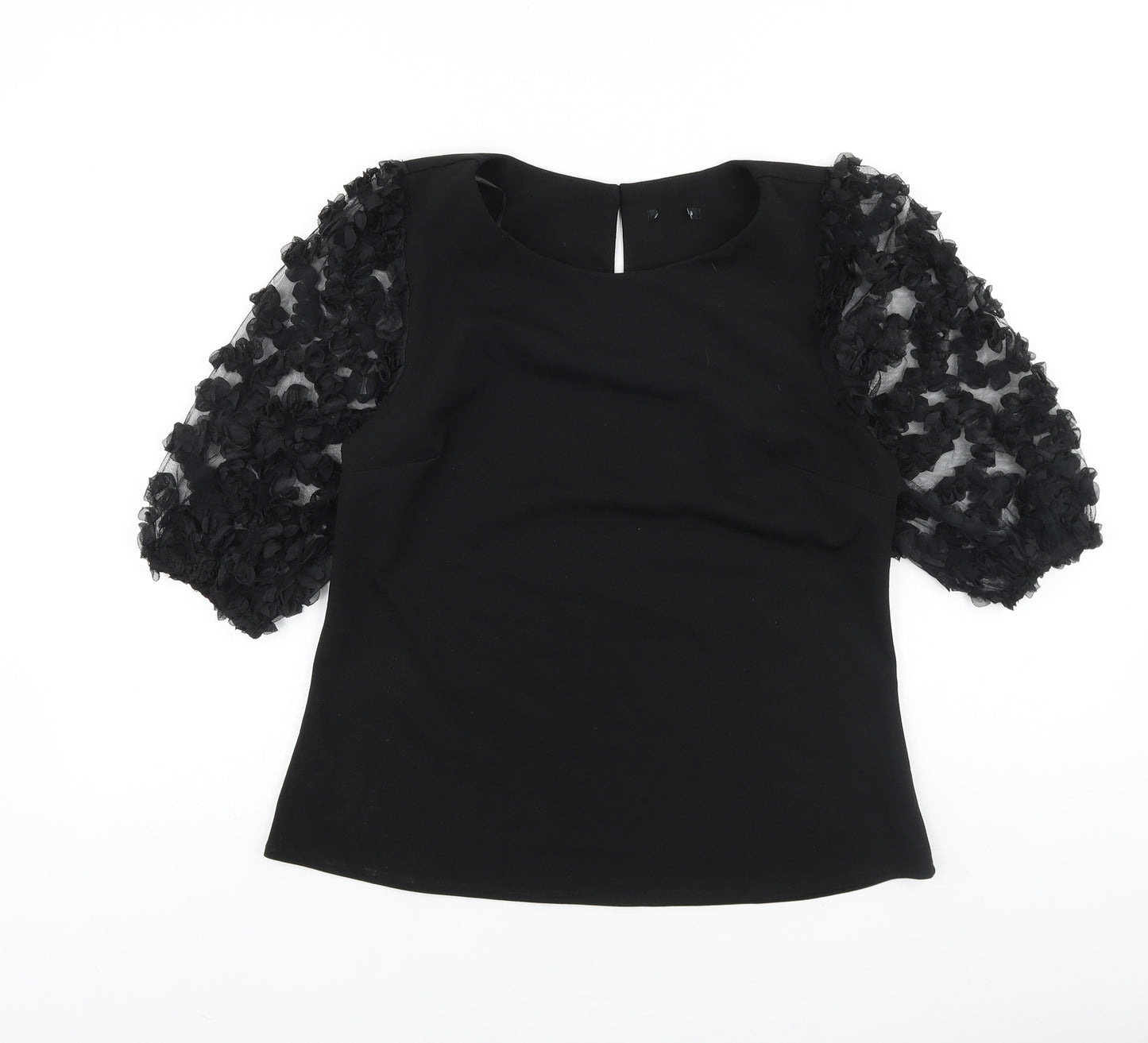 Preworn Womens Black Polyester Basic Blouse Size 14 Round Neck