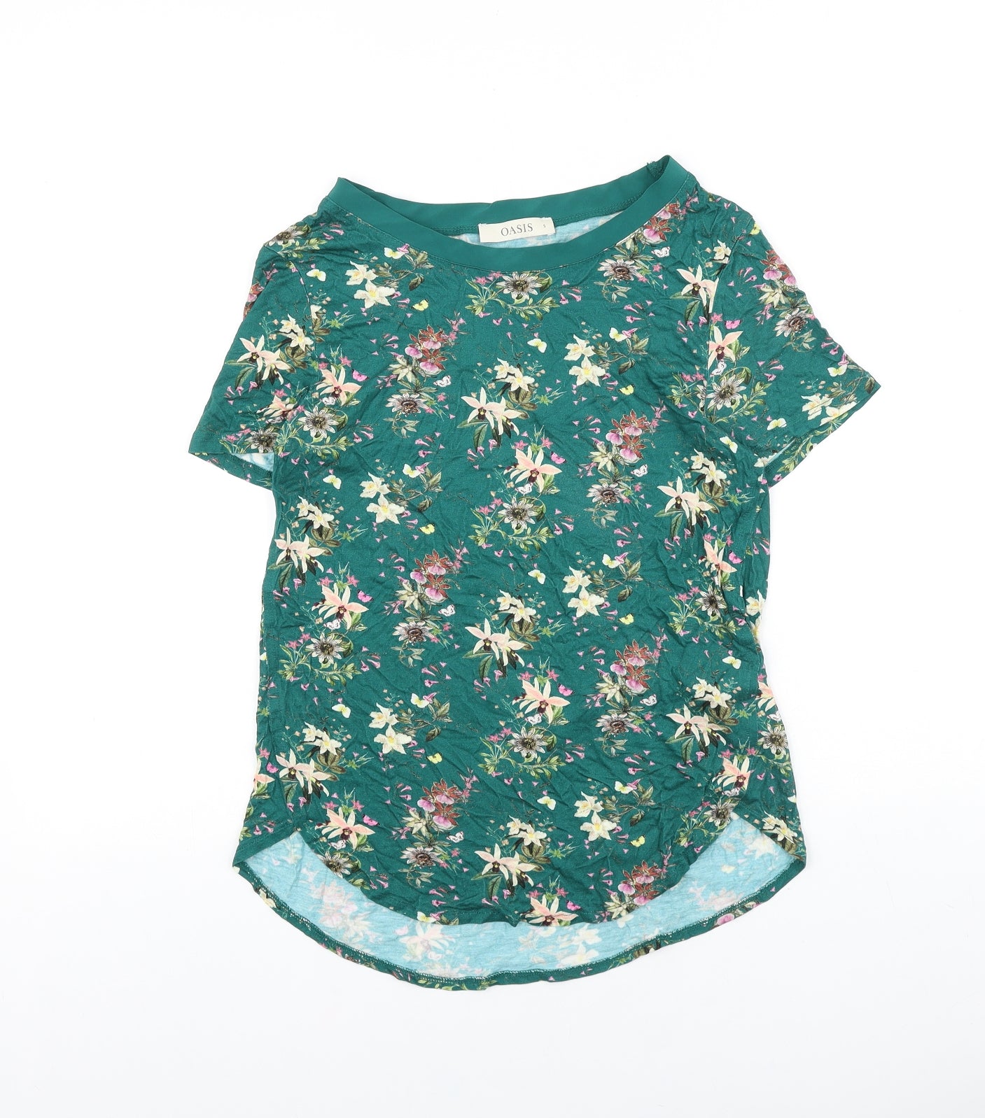 Oasis Womens Green Floral Viscose Basic T-Shirt Size S Off the Shoulder